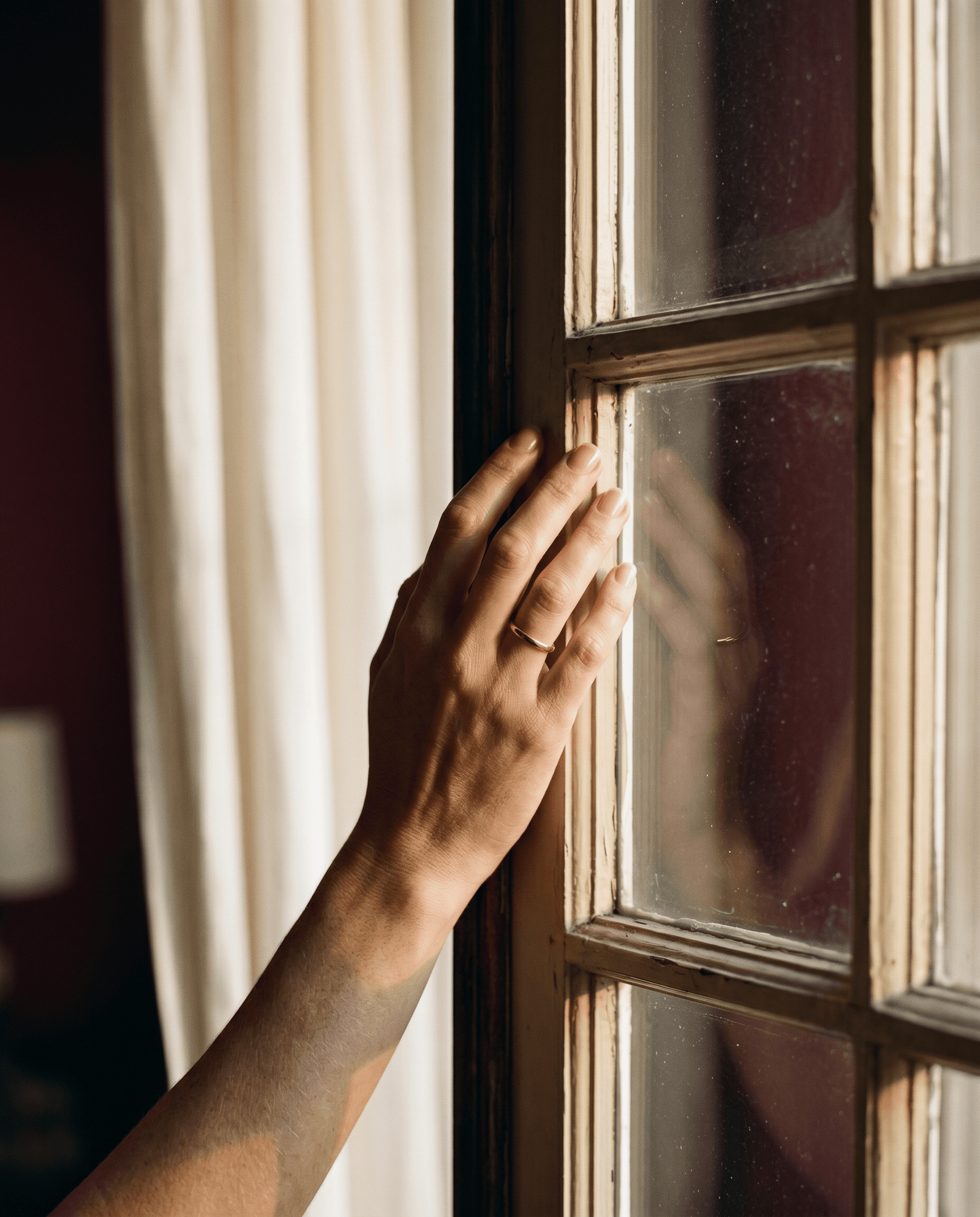 woman's hand at window frame · soft daylight