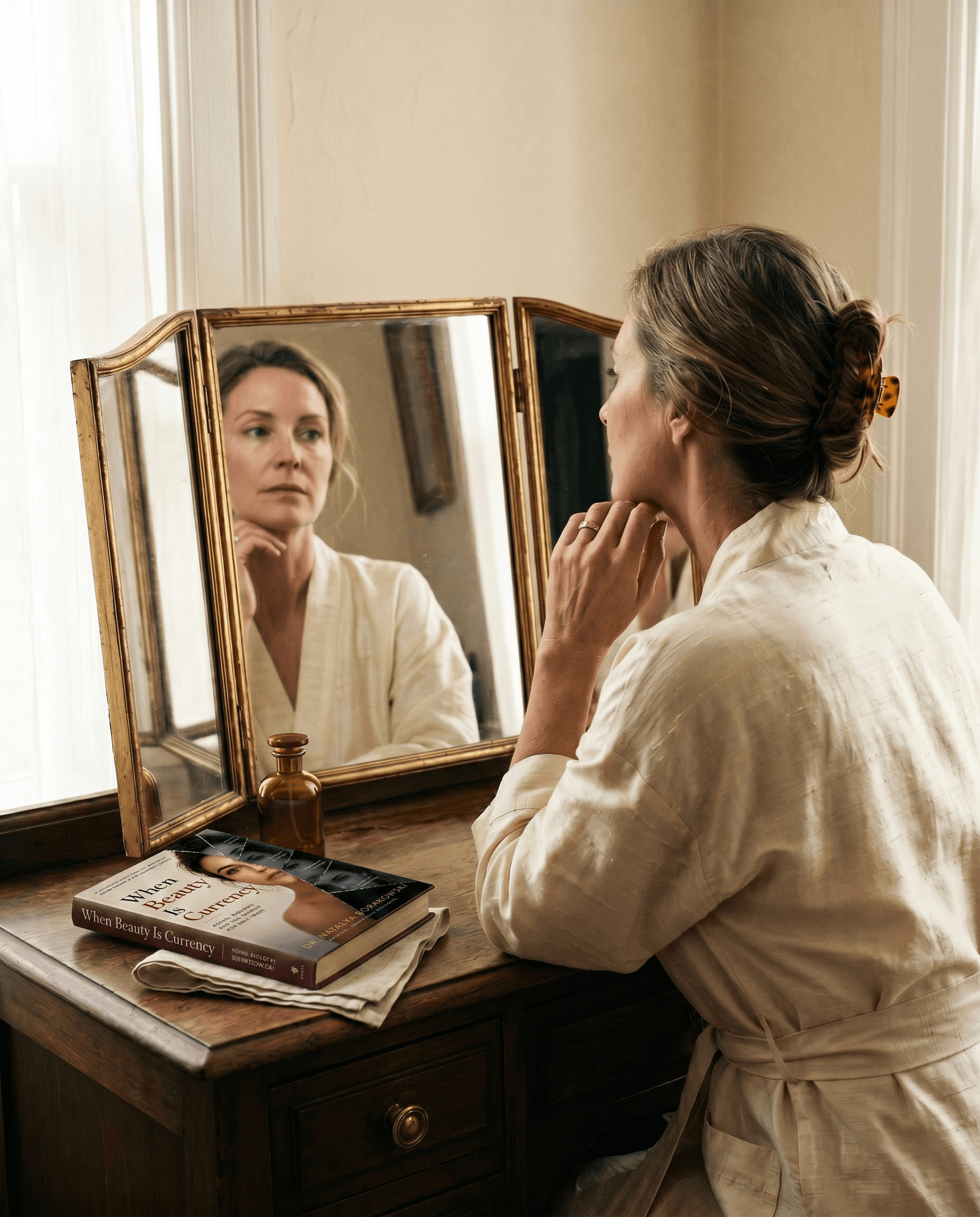 woman at mirror · dried flowers · golden hour